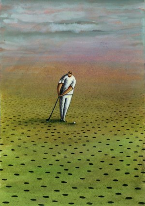 Blind person playing golf. 
